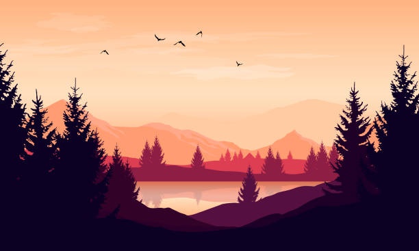 sunset, mountains, silhouette, nature