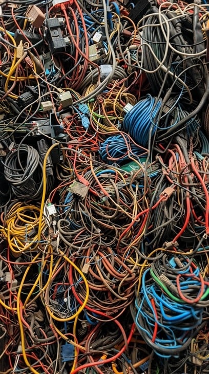 pile of tangled cables, frustrating look