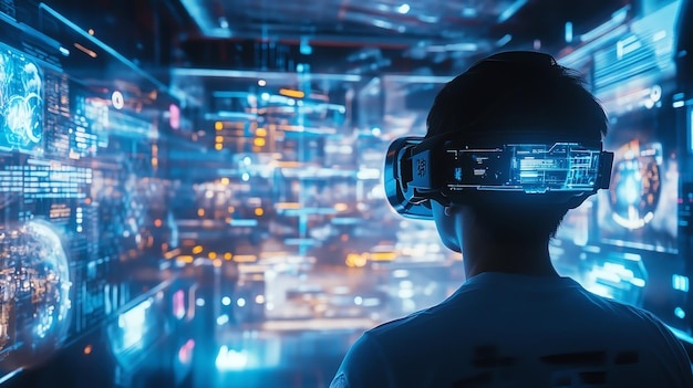 person using VR headset, learning, futuristic interface