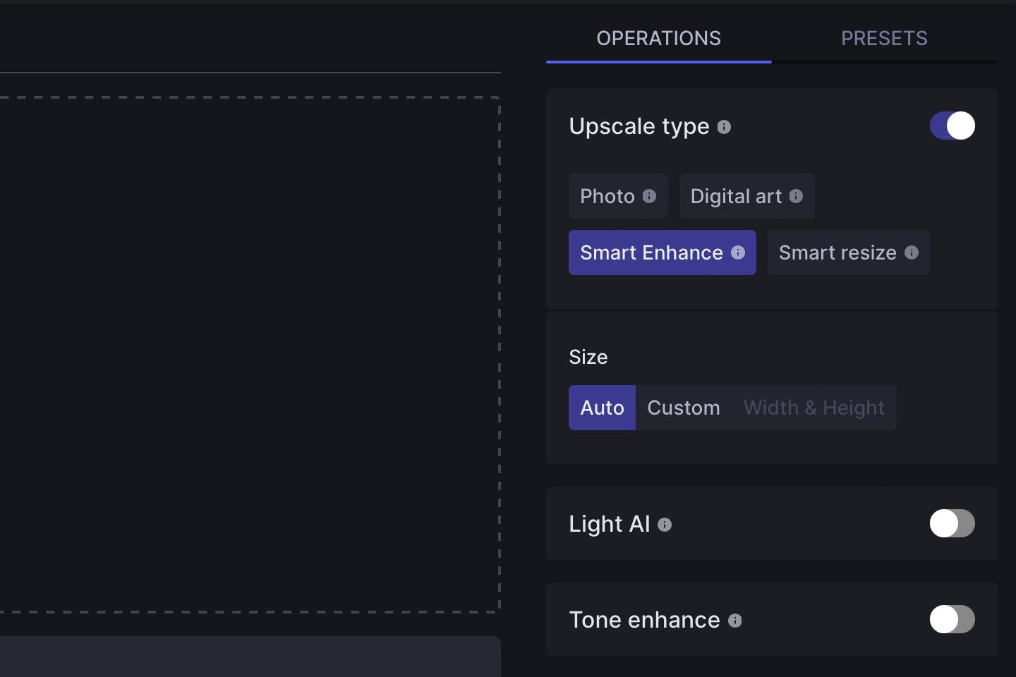 Let's Enhance online interface, image enhancement options
