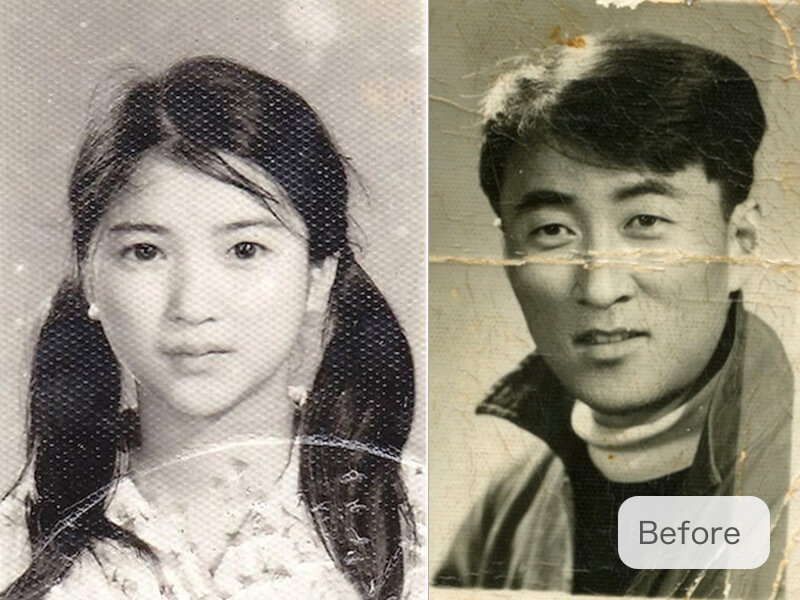 old photo, low quality, before and after comparison, portrait