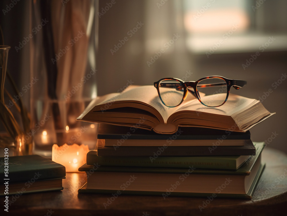 bookshelf, reading glasses, cozy atmosphere