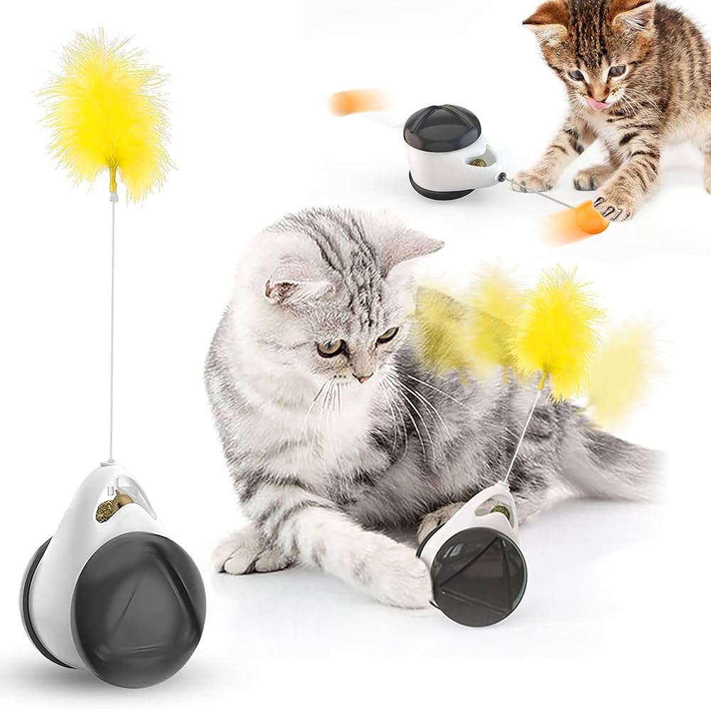 cat playing with feather toy, happy, energetic