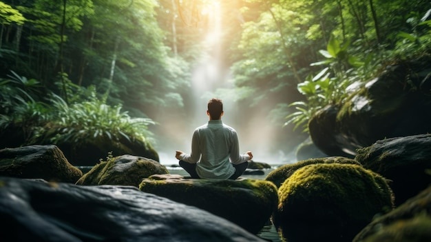 person meditating, peaceful expression, nature background