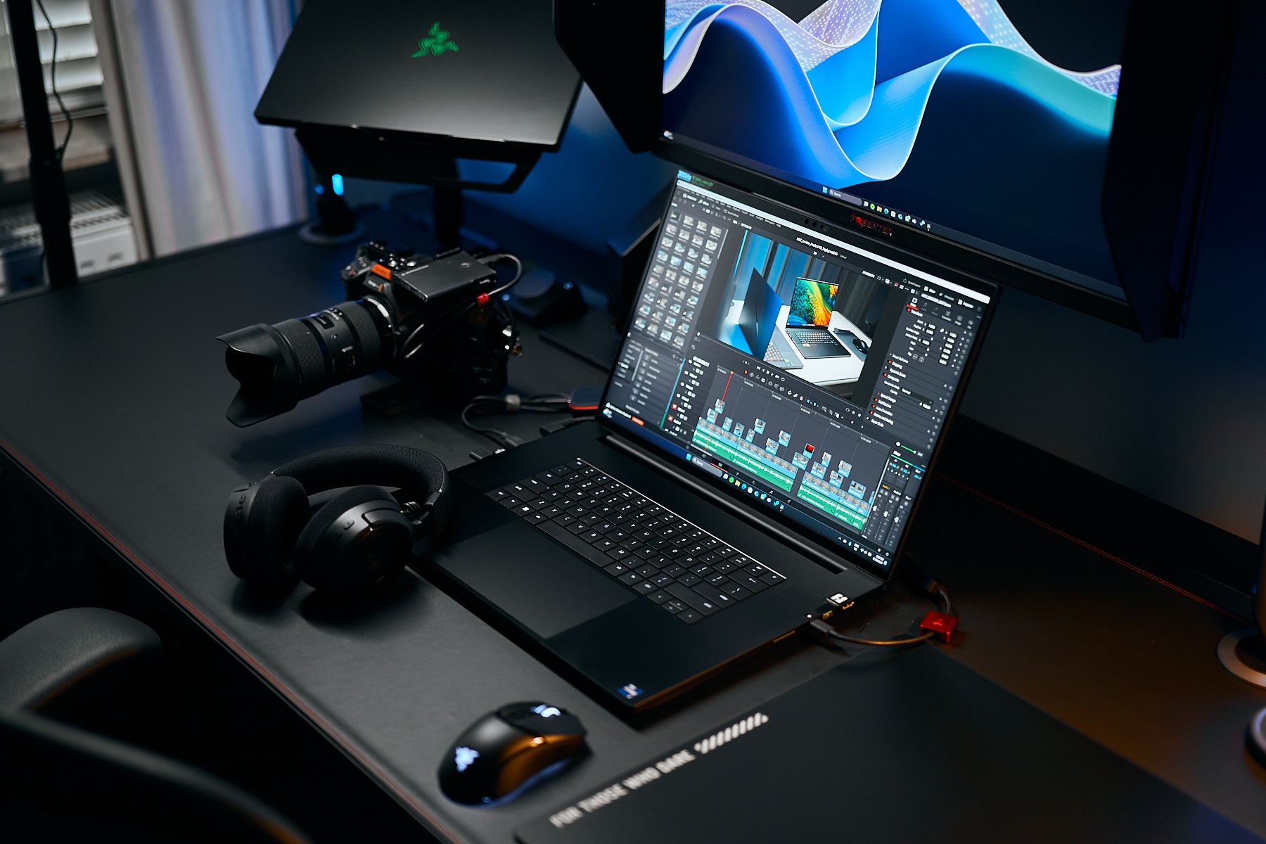 video editing laptop, dark, modern