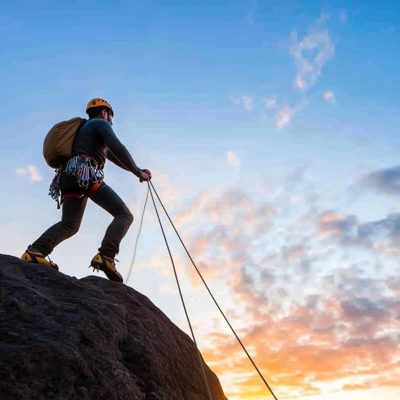 person climbing a mountain, determined expression