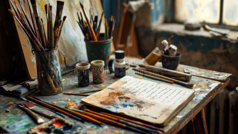 artist's studio, cluttered, paint, brushes, sculpture