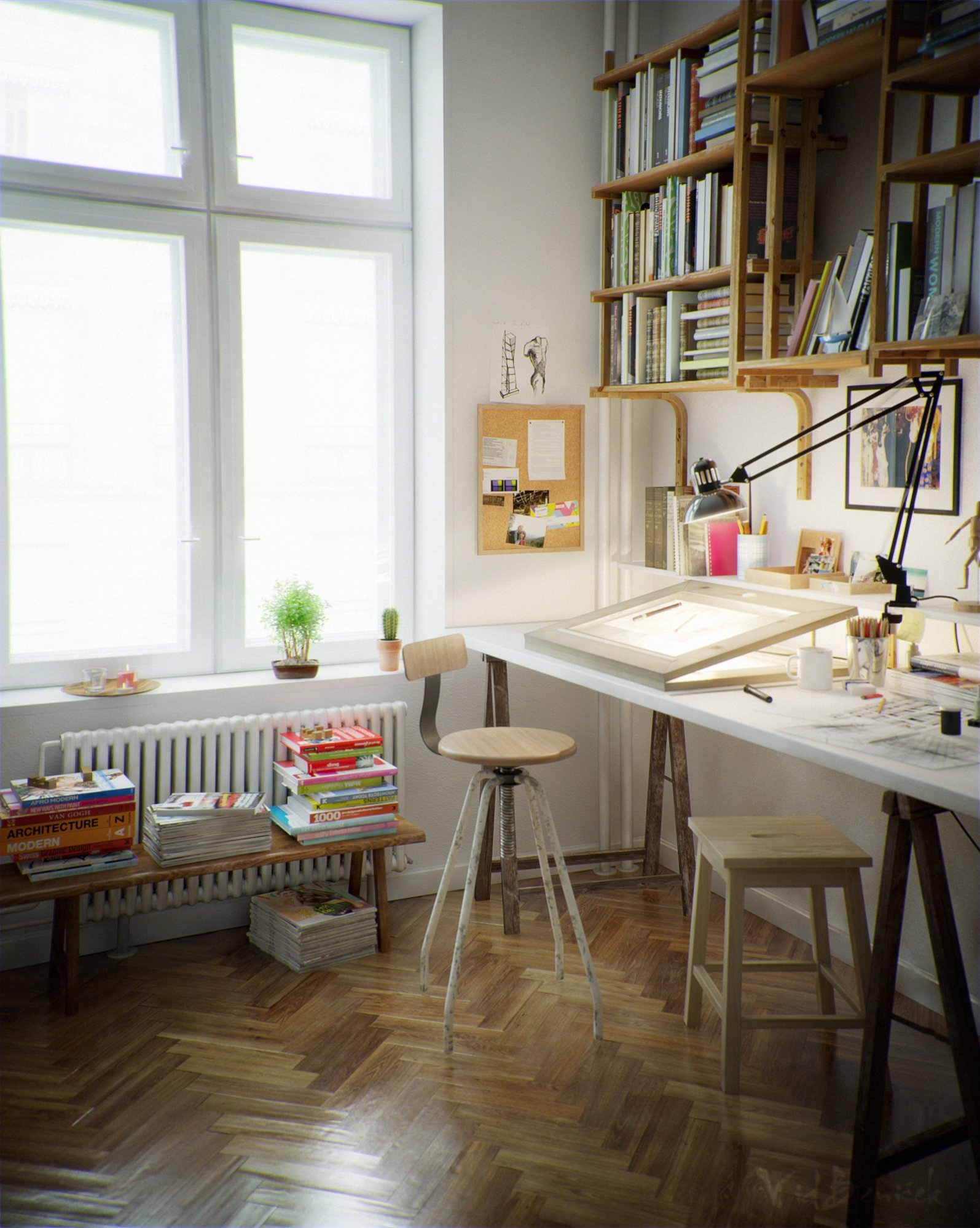 clean art studio, organized, natural light, inspiration