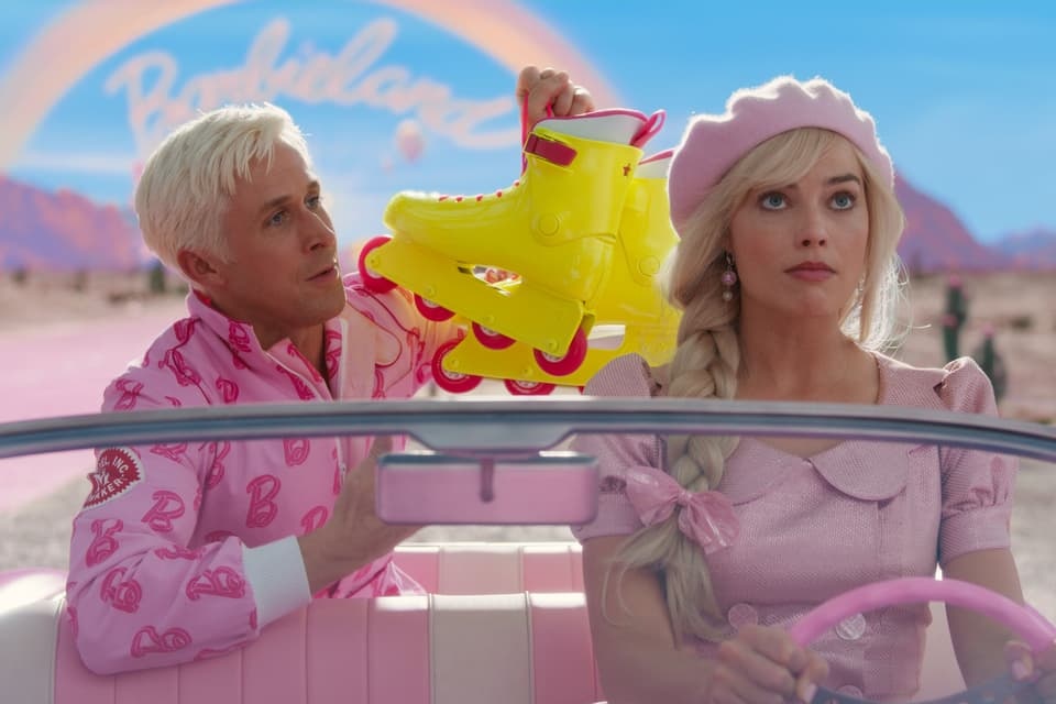 barbie movie scene, ryan gosling as ken, confused, pink world