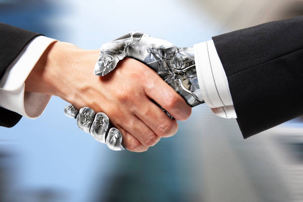 robot hand shaking human hand, futuristic, technology