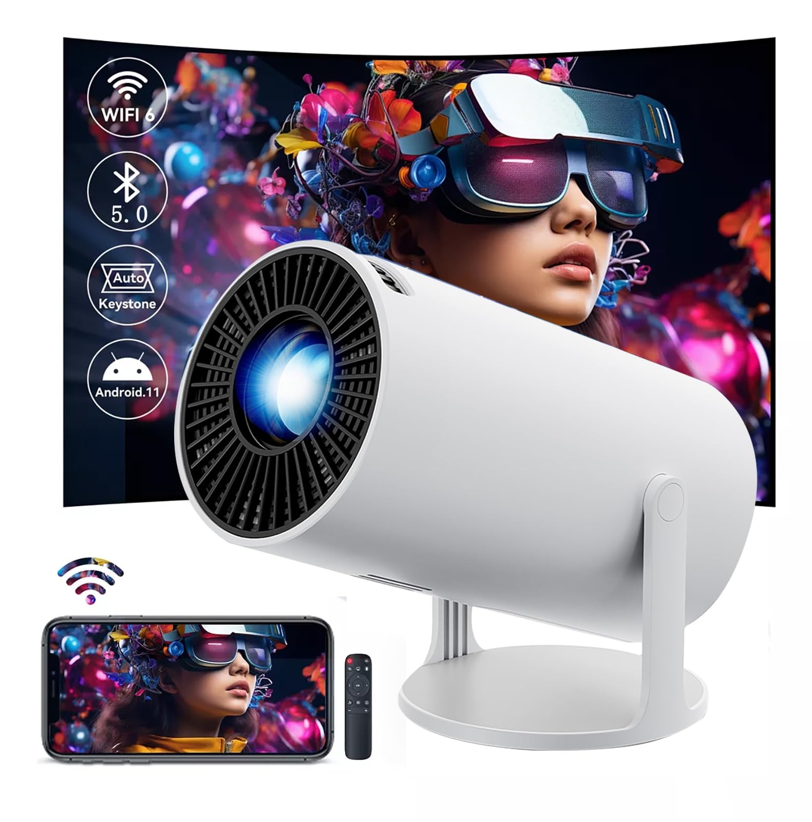 collection of gadgets, smart watch, headphones, smart bulb, portable projector