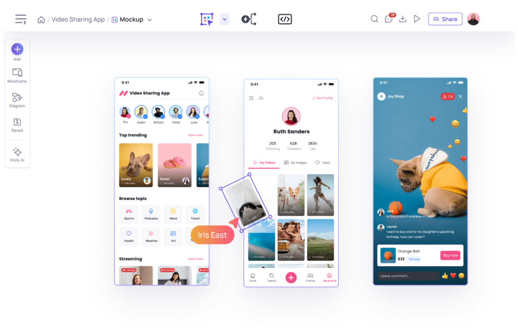 Design interface, AI-generated visuals, design mockups