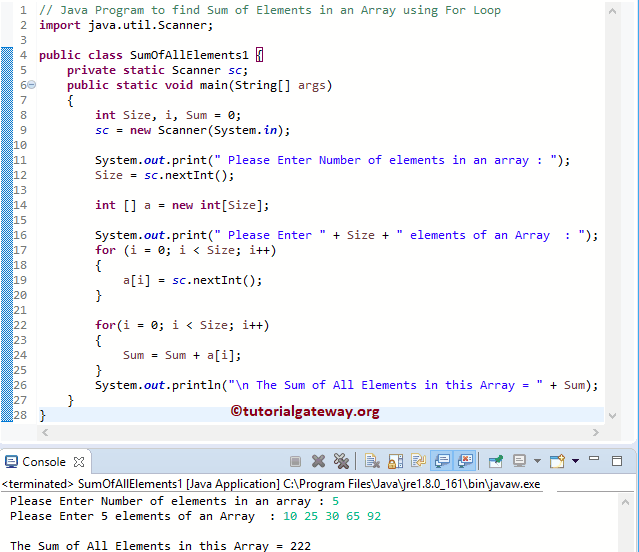 java code snippet summing array elements