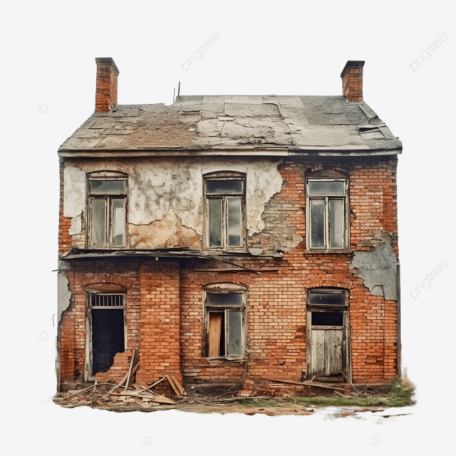 кирпичный дом,заброшенный,облупившаяся краска,заросший сорняками