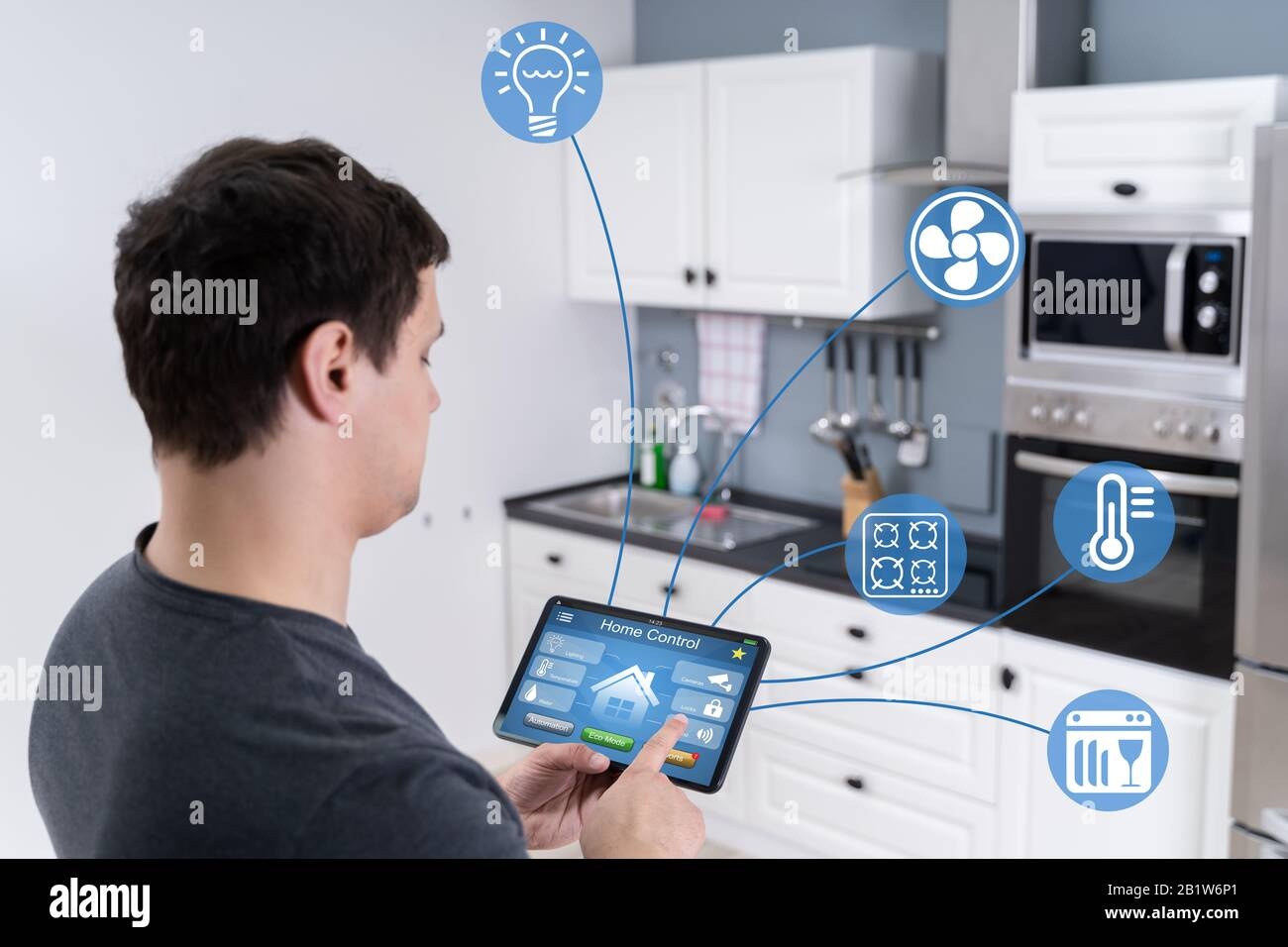 futuristic home, smart devices, person working