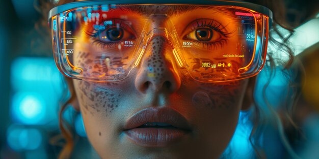 woman using smart glasses, ai assistant, holographic interface