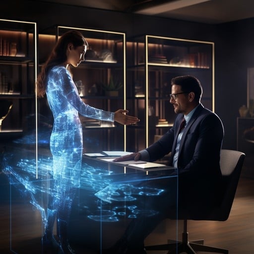holographic meeting, people interacting, futuristic office