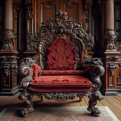 antique chair, ornate, wood, velvet