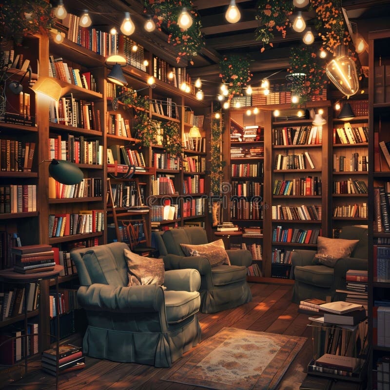 bookshelves,library,warm light,reading nook