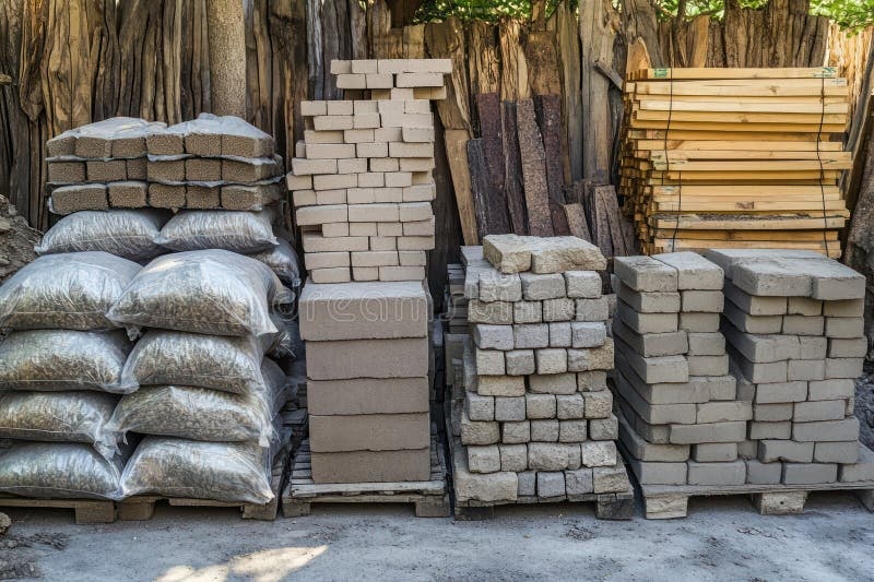 construction materials, bricks, cement, wood