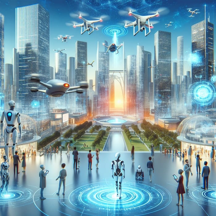 futuristic cityscape, technology, interconnectedness, human-machine collaboration