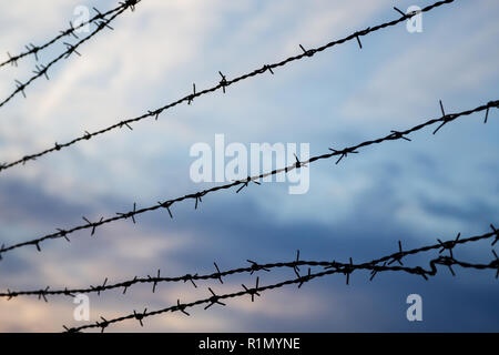 Auschwitz-Birkenau memorial, barbed wire fence, cloudy sky