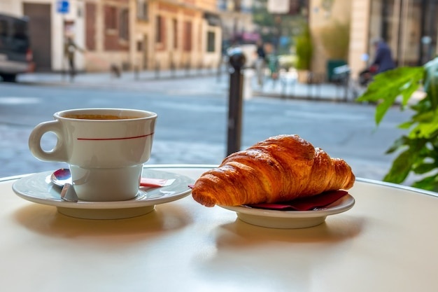 Paris cafe, croissant, coffee, morning