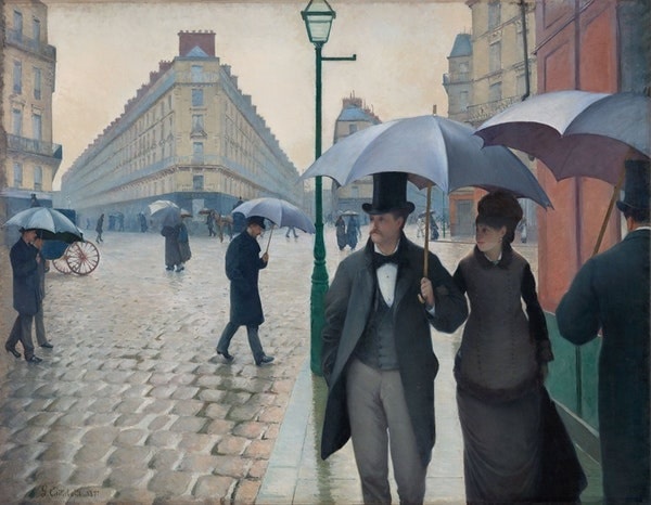 Parisian street, bicycle, rain, reflection