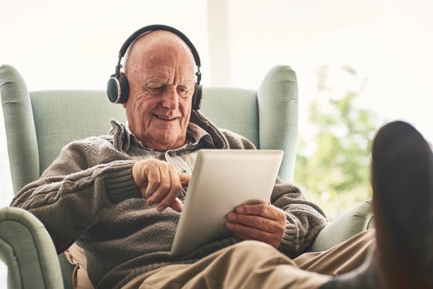 tablet, video call, elderly man