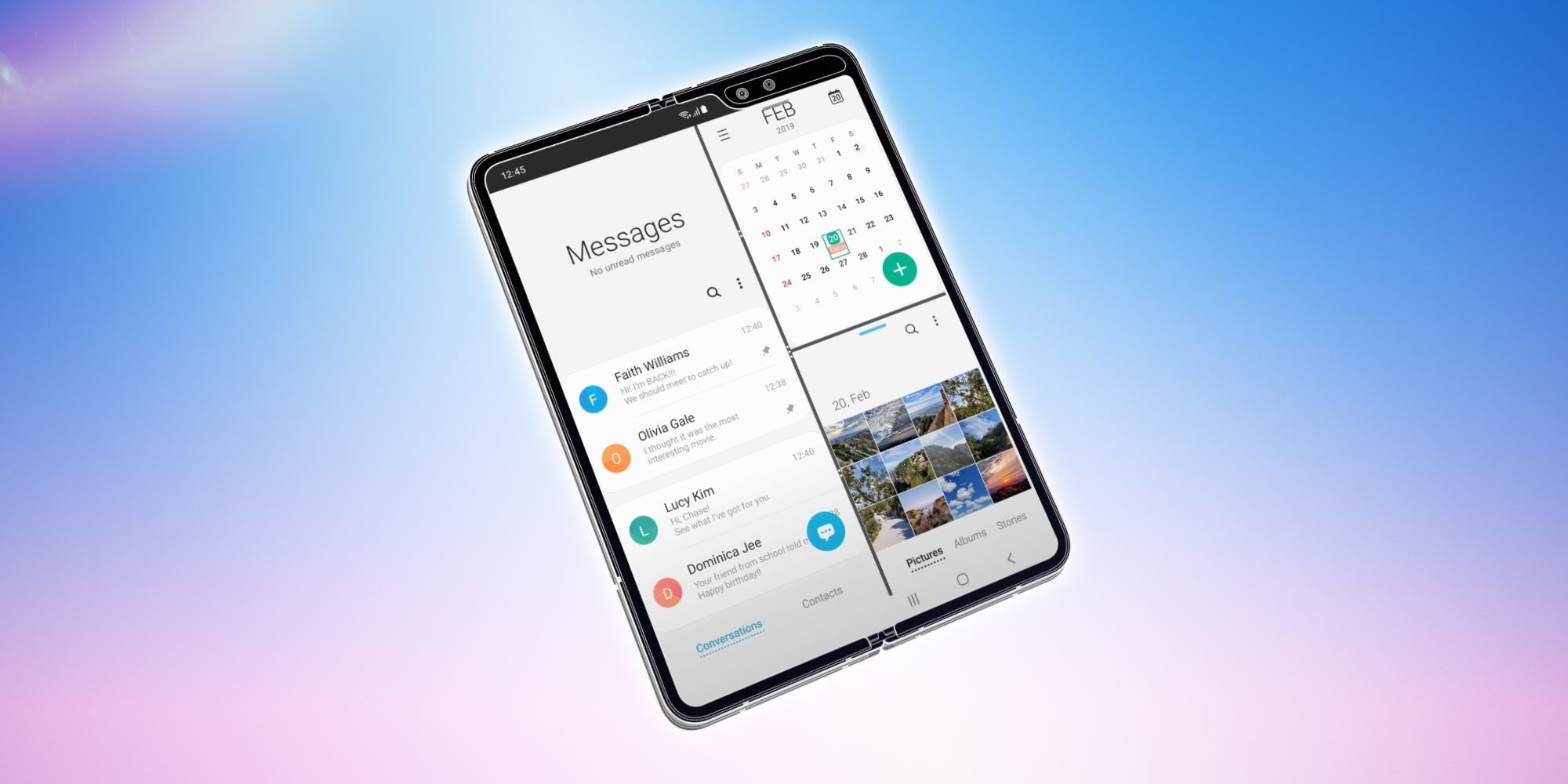 folded smartphone, multitasking, three apps, video, email, browser