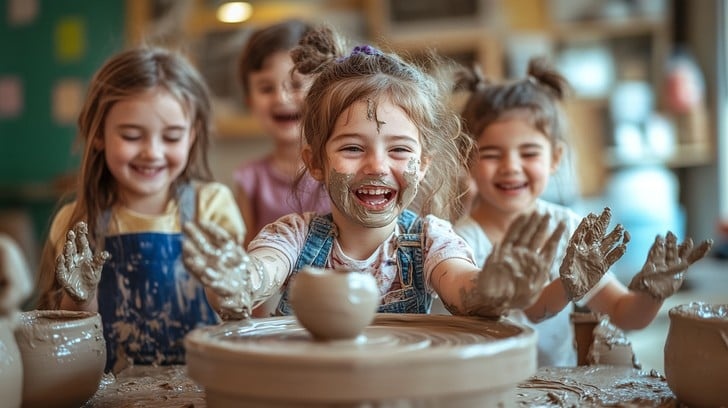 group of people laughing, pottery class