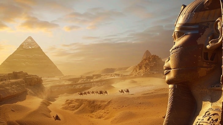 ancient egyptian hieroglyphs, pyramids, desert