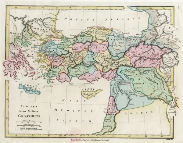 Map of Byzantine Empire, Constantinople, Greece, Turkey