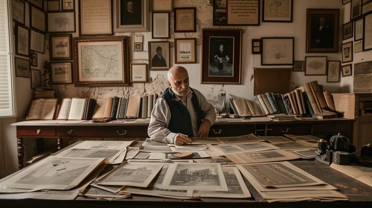 Historian examining ancient documents, library, research
