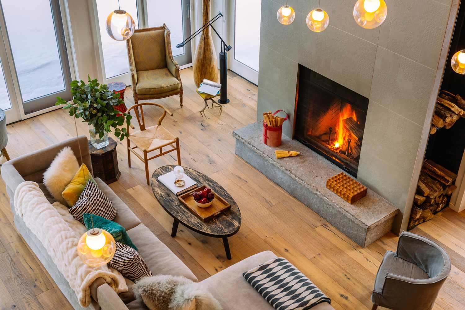 living room,plants,wood,fireplace