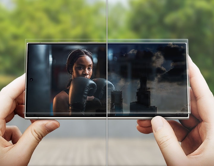 Samsung Galaxy S24 Ultra, black, held by hand, displaying camera interface