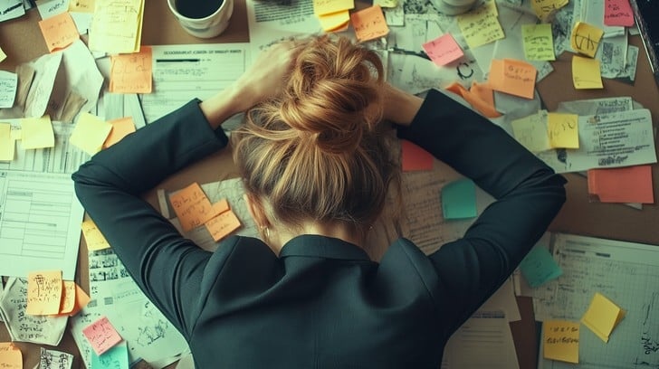 woman, overwhelmed, desk, papers, stress