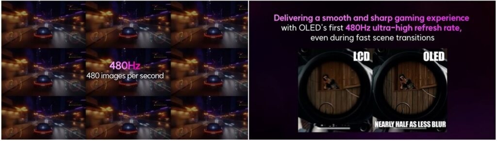 Gaming scene comparison, OLED fast response, LCD motion blur, smooth colors
