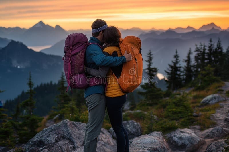 couple,backpack,mountains,sunset