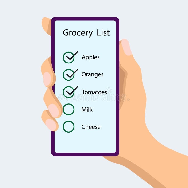 person, smartphone, shopping list, groceries
