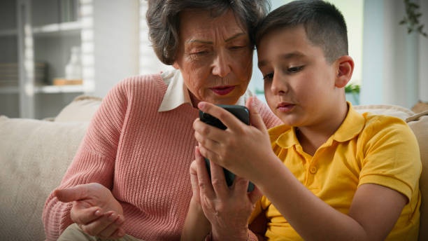 grandmother, learning, grandson, smartphone, patience