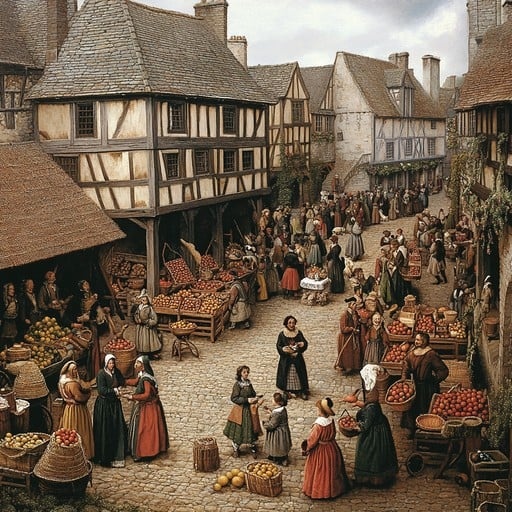 crowded marketplace, medieval, merchants, buyers