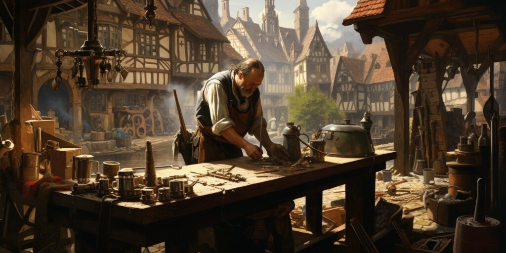 medieval craftsman demonstrating tool, buyer inspecting