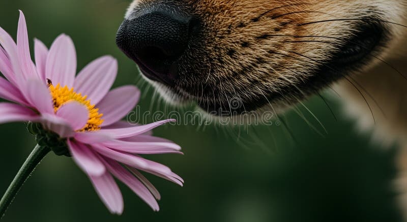 dog sniffing flower, close up, vibrant colors