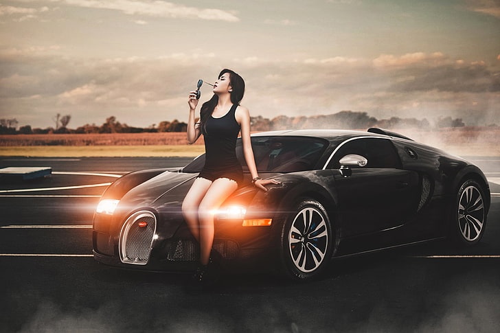 car,black,bughatti,girl