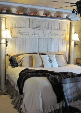 old door, repurposed, headboard, bed, bedroom
