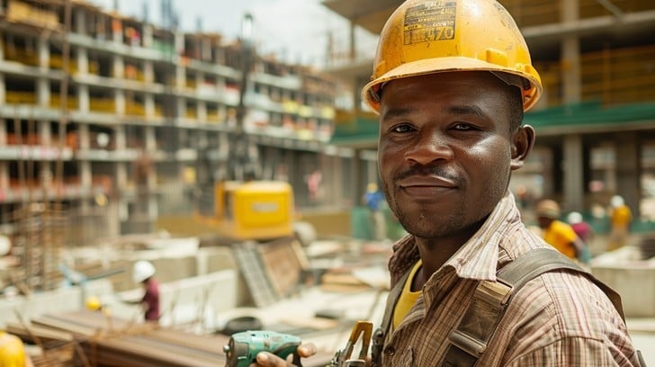 construction worker, face visible, wearing hard hat, smiling
