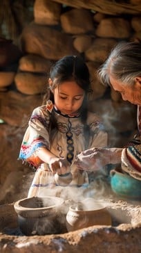 Elderly woman teaching a young girl a traditional craft