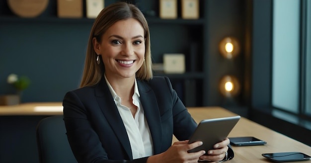 person using ai on tablet, smiling, modern workspace