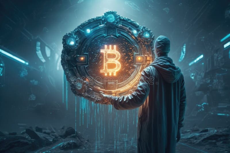 person holding smartphone, crypto logo, blockchain, futuristic cityscape